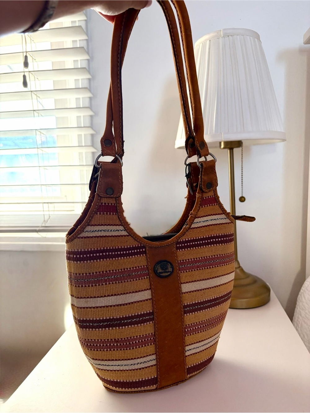Classic Striped Woven Shoulder Bag - Brown